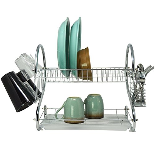 Meflying 2-Tier Dish Rack, Stainless Steel Dish Rack Drain Board Drainer Dryer Tray Holder For Glass Cup Home Kitchen(US STOCK) (Silver2)