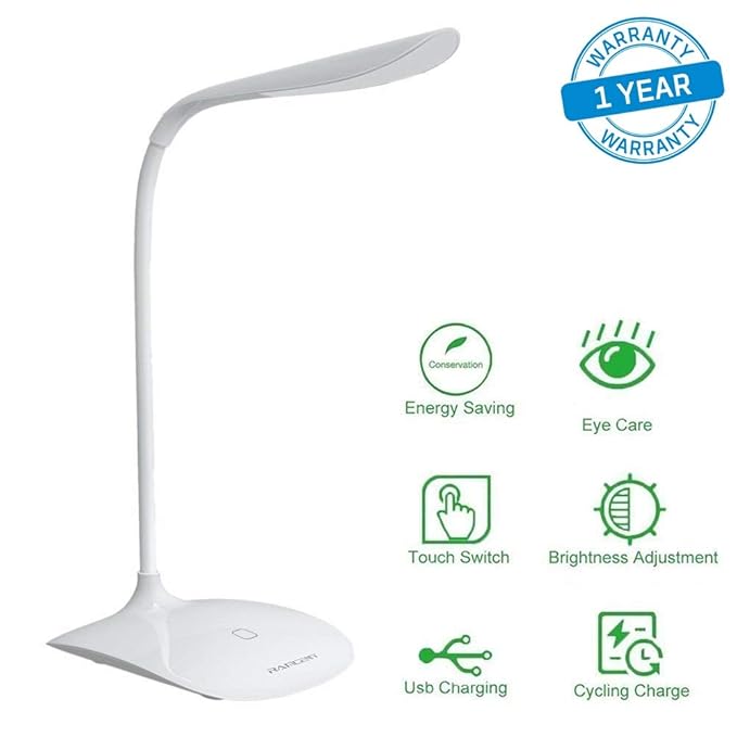 Azacus LED Desk Lamp, Modern Stylish USB Port & Power Adapter with Third Gear Touch Control LED Eye Lamp Brightness Adjustable Goose-Neck Portable Eye-Protected Table Lights (1.5W) (Color May Vary)