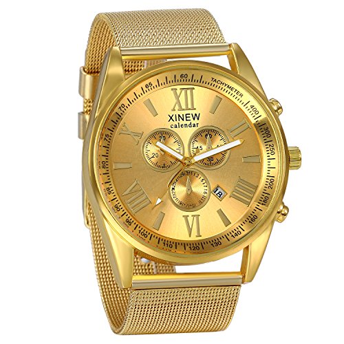 JewelryWe Luxury Men's 3 Eyes Calendar Watch Stainless Steel Mesh Band Quartz Wrist Watches Gold