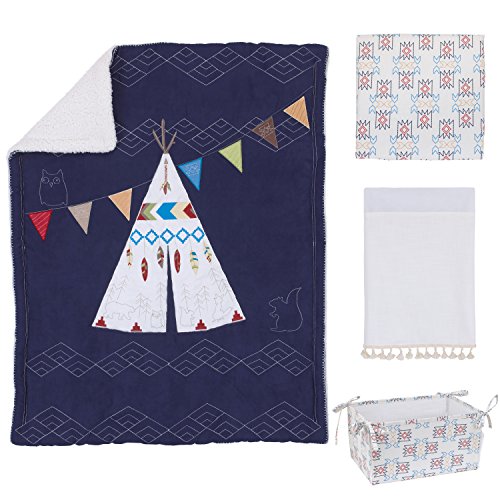 NoJo Teepee Crib Bedding, 4 Piece Set, Navy, Red, Ivory
