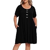 OVERWORETY Womens Short Sleeve Plus Size T-Shirt Dress Scoop Neck Button Up Swing A-Line Casual Dresses with Pocket