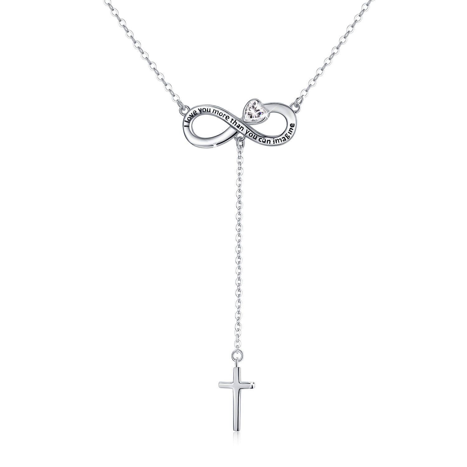 ZIPPICE Infinity Love Cross Silver Y Necklace, I Love You More Than You Can Image Engraved Drop Chain Necklace,925 Sterling Silver Infinity Symbol Drop Y Necklace,Faith Jewelry Gifts for Girls Women