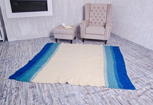 White blue Wool Throw Blanket, Fuzzy plaid for living room, Boho sofa bedspread Thick weighted Cover Pattern Geometric Heavy Bed Coverlet, Handmade Kilim fluffy Hand Woven Aztec modern flokati