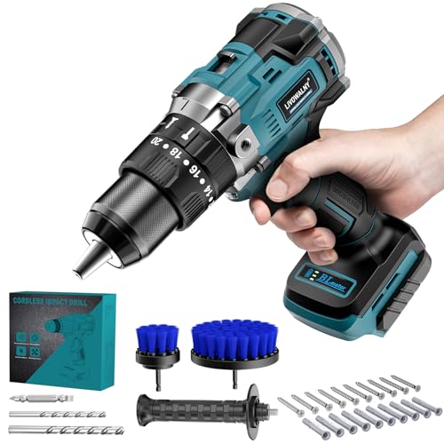 LIVOWALNY 90Nm Taladro Percutor a Bateria, Atornillador Electrico Compatible con Makita 18V, Caja de Cambios de 2 Velocidades y 21 Niveles de par, Para Reformas（Solo Herramientas）-Azul Marino