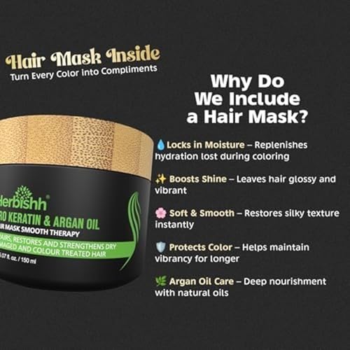 Herbishh After Color Shampoo Combo Contains Hair Color Shampoo Hair Dye 500Ml Argan Oil 30Ml Pro Keratin And Argan Hair Mask 100Gm For Hair Straightening, Shine And Protection For Men And Women(Black)