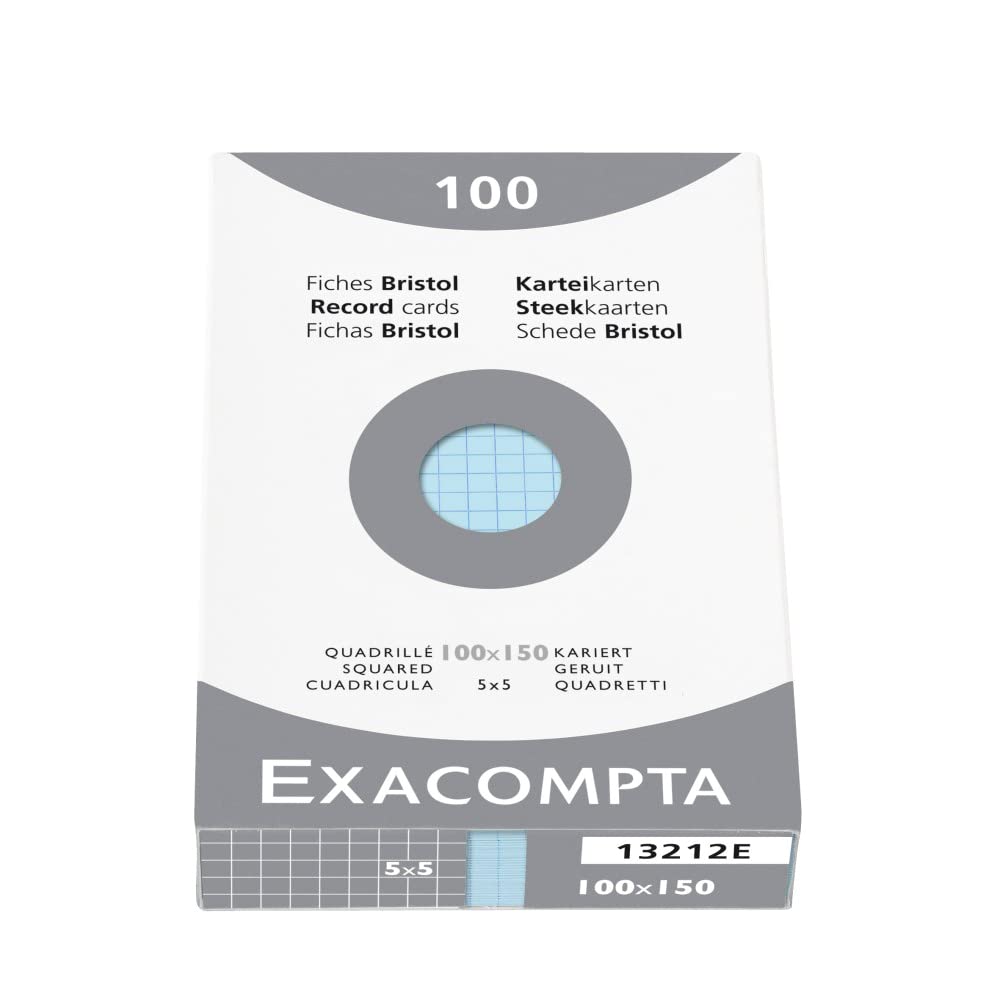 Exacompta - Ref 13212E - Bristol Squared Record Cards (Pack of 100) - 100 x 150mm in Size, 205gsm Card, Compatible with Printers - Suitable for Exam Revision & Notes - Blue — image 1