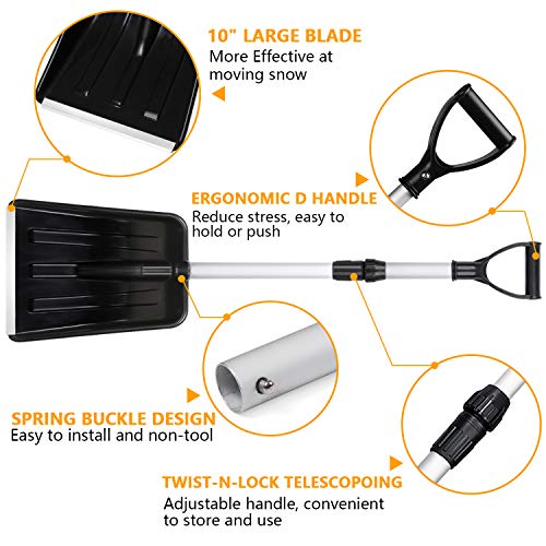 Micbox Snow Shovel with 46'' Adjustable Aluminum Handle 10.5'' Wide Blade Scoop Shovel, Digging Snow Removal Heavy Duty Snow Shovel Perfect for Car Driveway, Camping and Outdoor Emergency
