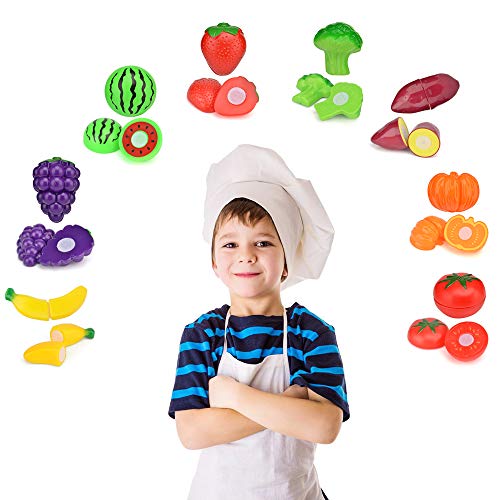 Exqline Kids Kitchen Pretend Play Toys - 25 Pcs Included Stainless Steel Stove and Cookware Pots and Pans Set, Cooking Utensils Accessories, Cutting Vegetables & Fruit, Apron & Chef Hat for Girls Boys - Thumbnail 5