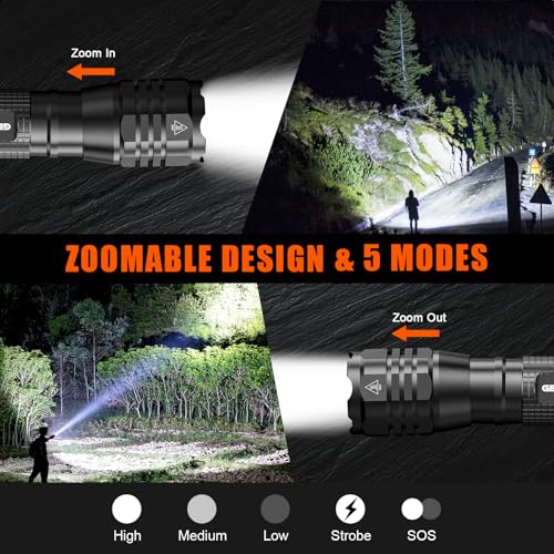 GEARLITE LED Torch Extremely Bright Pack of 2, Aluminium 4000 Lumen LED Torch Battery Operated with 5 Modes, IP65 Waterproof Handheld Lamp Zoomable for Camping, Hiking, Outdoor, Emergency, Gift