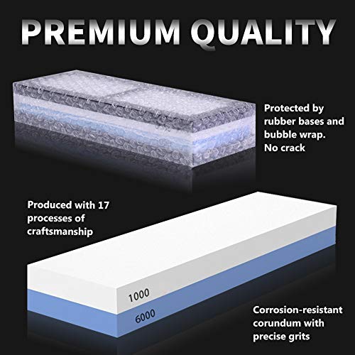 Knife Sharpening Stone Whetstone 1000/6000 Grit Water Stone Sharpener Kit 2 Sided Wet Stone Set for Kitchen Chef Pocket Knives Chisel, Bonus Non-slip Bases Holder, Flattening Stone, Angle Guide