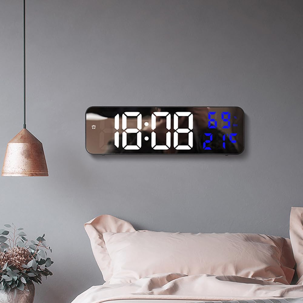 Aolyty LED Digital Wall Clock, Table Alarm Clock Large Display, Desk Mirror Clock with Adjustable Brightness Temperature Date Humidity Display (White blue)