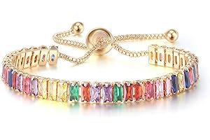 CiNily Adjustable Tennis Bracelets for Women Teen Girls Rainbow Cubic Zirconia Bracelet 14K White Gold Plated Hypoallergenic Slider Bracelet Jewelry Gift