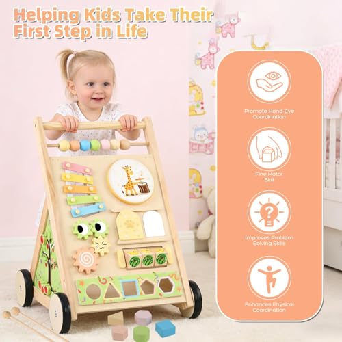 Multifunctional Wooden Baby Walker with Wheels, Montessori Early Educational Activity Center, Sit to Stand Learning Walker Toy with Shape Sorter Xylophone for Toddlers