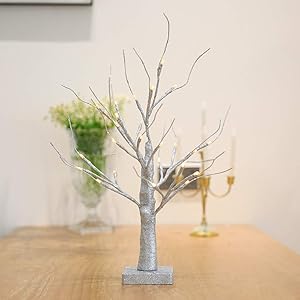 Leruckdite 1.5FT 27LT Warm White LED Birch Tree Light Tabletop Bonsai Tree Light Jewelry Holder Decor for Home Party Wedding Holiday Silver Glitter
