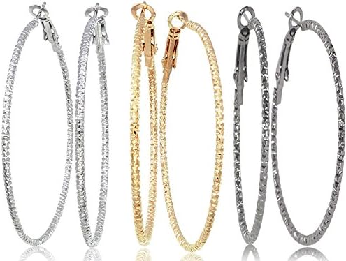 Silver Gold Gunmetal Grey Rhodium Plate Hoop Earrings Set For Women Teen Jewelry Diamond Cut 3 Pairs