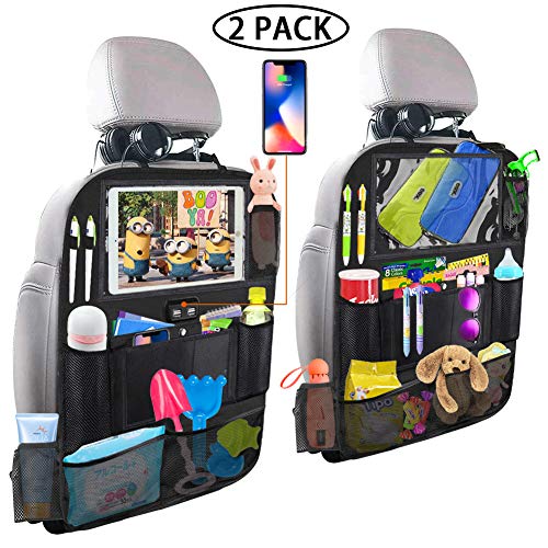 Backseat Car Organizer with 4 USB Charging Port, 11'' Touch Screen Tablet Holder, Seat Back Protectors Kick Mats for Toy Bottle Book Drink, Universal Fit Travel Accessories for Kid & Toddlers (2 Pack)