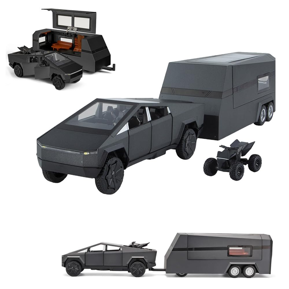 Photo 1 of Toy Trucks for Boys Pickup Trailer RV Toy, Diecast Metal Pickup Trailer RV Model Kit, Toy Truck and Trailer with Sound Light and Pull Back, Alloy Model Toy Car Vehicles Gift for Kids Adults