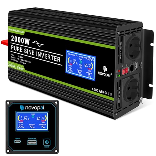 NOVOPAL 2000W Pure Sine Wave Power Inverter DC 24 V to AC 220 V with Intelligent LCD Display, 2 EU Socket with USB Output, 5 Metres Remote Control for Truck Camping Coffee Machine