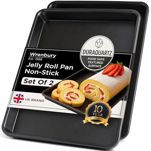 Wrenbury Jelly Roll Pan Set of 2 15x10 - Carbon Steel DuraQuartz Non Toxic Large Baking Sheet - ⅔ Sheet Pan for Cookies
