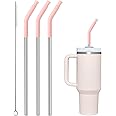 Prurex Metal Straws with Silicone Tip for Stanley 40 oz Tumbler,Reusable Straws for 40 oz Tumbler,3 Straight 13.3" and 3 Light Pink Silicone StrawTips,1 Straw Cleanr Brush