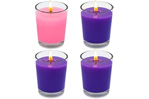 BERYSCEN Set of 4 Advent Votive Candles Clear Glass Filled Unscented Soy Wax Candle for Advent Christmas Holidays - 3 Purple and 1 Pink