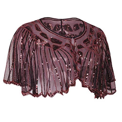 VICCKI Women's 1920s Shawl Beaded Sequin Deco Evening Cape Bolero Flapper Cover up Wine Red