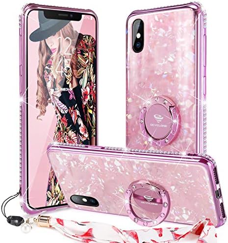OCYCLONE iPhone XS Max Case, Cute Glitter Tempered Glass Back + Bling Diamond Rhinestone Bumper with Ring Kickstand for iPhone XS Max Protective Phone Case for Women Girls - Rose Gold/Pink