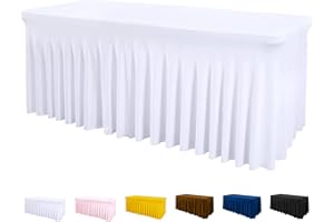 ManMengJi White Spandex Table Cover 6FT 1Pack, Stretch Table Cloths with Table Skirts for Rectangle Tables, Wrinkle Resistant Stretchable Tablecloth with Skirt for Weddings, Parties, Vendors