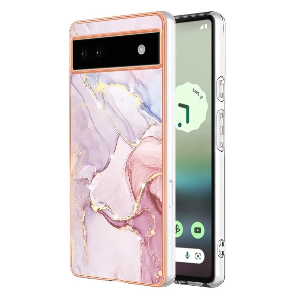 Dfjhure Google Pixel 6A Case - Glitter Marble Design - Slim Soft TPU Silicone Shockproof Bumper Protective Case - Rose Gold