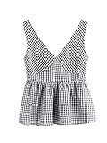 SheIn Women's Cute V Neck Sleeveless Plaid Peplum Babydoll Top Blouse Black&White