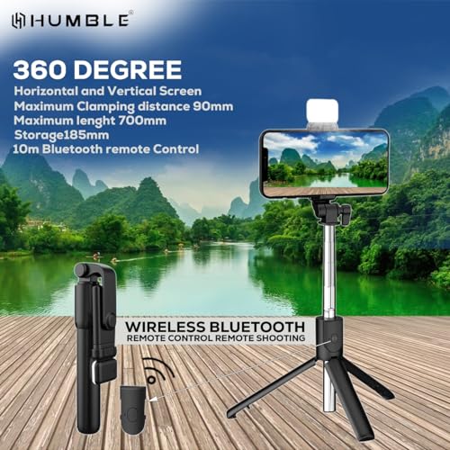 HUMBLE Bluetooth Selfie Sticks with Remote and Selfie Light, 3-in-1 Multifunctional Selfie Stick Tripod Stand for Travelling, YouTube Vlogging Video, Compatible with All Smartphones (70 cm) 3