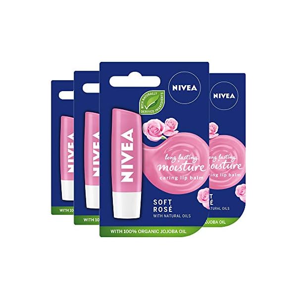 NIVEA-Lip-Balm-Soft-Rose-Pack-of-4-4-x-48g-Protective-Lip-Moisturiser-with-Natural-Oils-Enriched-with-Rose-Extract-Caring-Lip-Balm-for-24h-Moisture-Care-Lip-Care-Melt-In-Formula NIVEA Lip Balm Soft Rosé Pack of 4 (4 x 4.8g), Protective Lip Moisturiser with Natural Oils Enriched with Rose Extract…