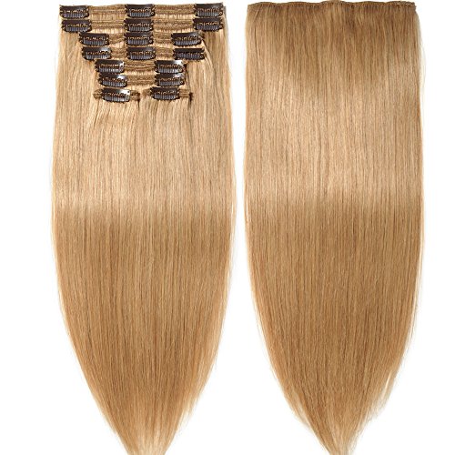 s-noilite Clip in Human Hair Extensions 100% Real Remy Thick True Double Weft Full Head 8 Pieces 18 clips Straight silky (22 inch - 160g,Dark Blonde (#27))