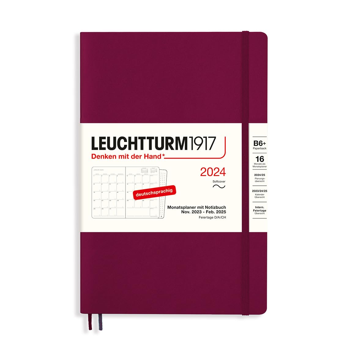 LEUCHTTURM1917 367578 Monthly Planner & Notebook Paperback (B6+) 2024, 16 Months, Soft Cover, Port Red, German