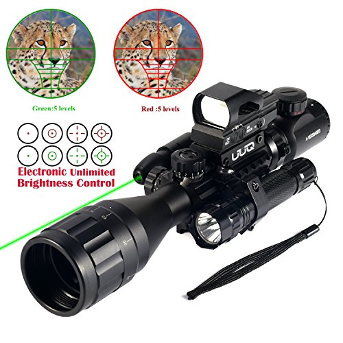 UUQ 4-16x50EG Parallax Adjustable Combo Rifle Scope W/ Green Laser, Reflex Sight, and 5 Brightness Modes Flashlight