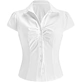 winkbay Women's Y2k Ruched Button Down Shirts Vintage Tie Back Short Sleeve Blouse Going Out Tops