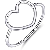 BRBLFLI S925 Sterling Silver Heart Ring for Women, Minimalist Open Heart Outline Statement Ring, Thin Band Stacking Ring, Promise Ring Gift for Her, Available in Sizes 6-10, Gift Box Included