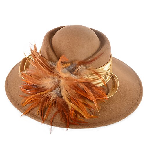 Ladies 100% Wool Felt Feather Cocktail British Formal Party Hat (Camel)