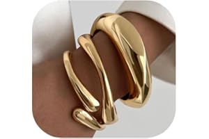 Chunky Gold Bangle Bracelets for Women, Dainty 14k Gold Plated Big Stackable Bangles Set, Trendy Cuff Bracelet Stack Fashion 