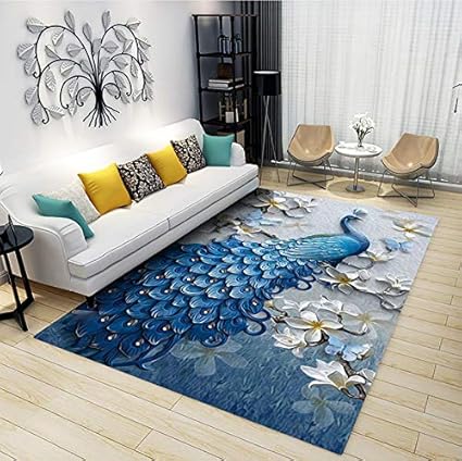 Alfombra De Pavo Real, Alfombra Exquisita Impresa En Azul 3D, Lujosa