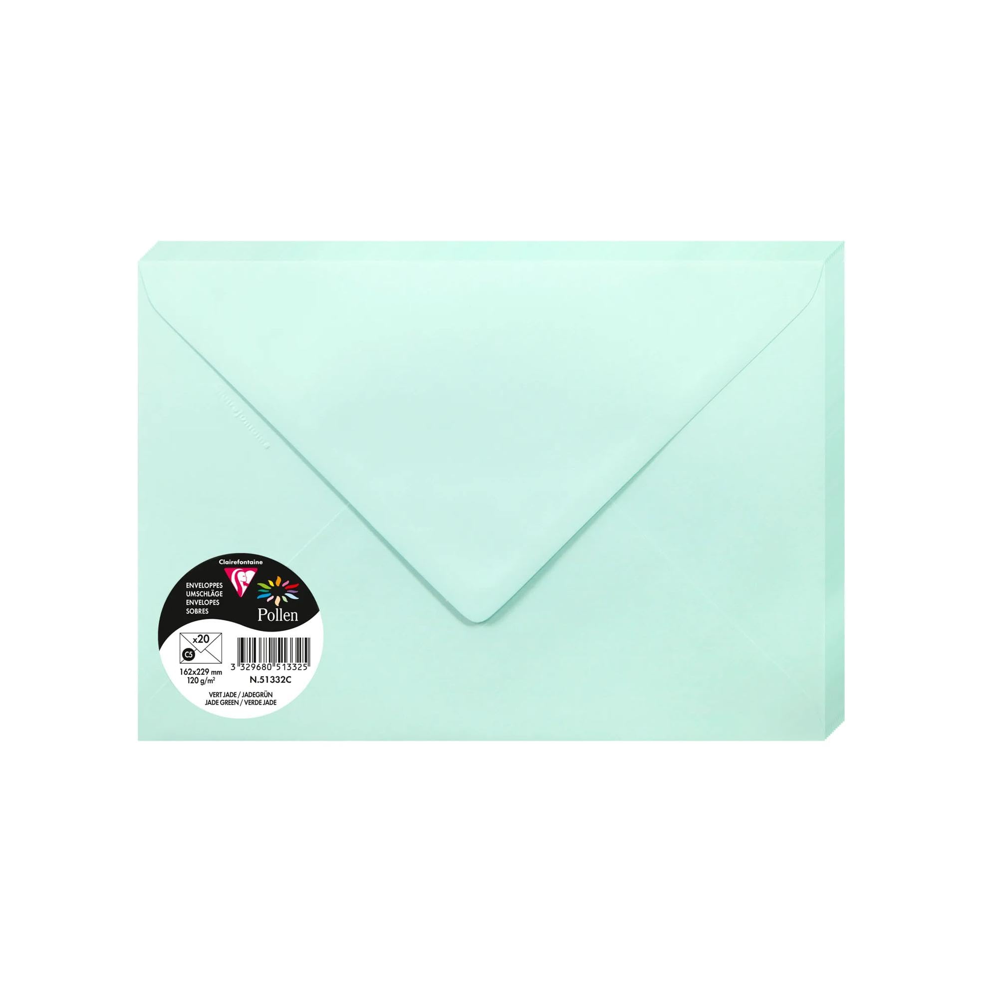 Clairefontaine 51332C Pack of 20 Gummed Envelopes C5 (16,2x22,9cm) 120gsm Colour Jade Green Invitation Events Correspondence Pollen Range Premium Smooth Paper