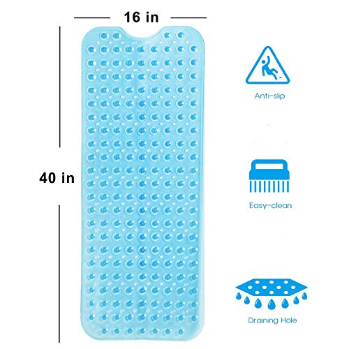 MEMX Bath, Shower, Tub Mat, 40x16, Machine Washable, BPA Free, Phthalate Free, Latex, Bathtub Mats with Drain Holes, Suction Cups, Non-Slip Bathroom Mats, Blue.