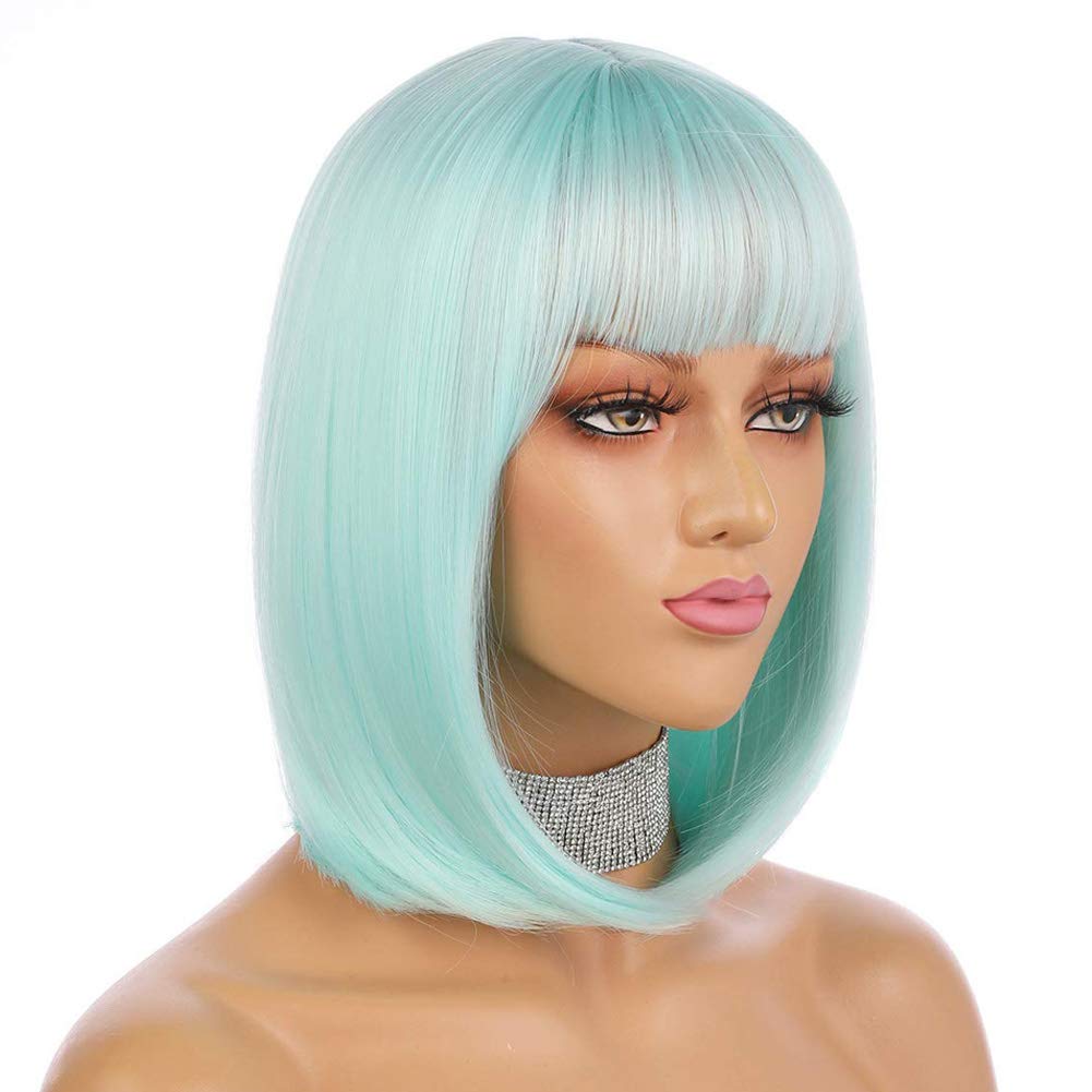 Photo 1 of eNilecor Short Bob Hair Wigs 12" Straight with Flat Bangs Synthetic Colorful Cosplay Daily Party Wig for Women Natural As Real Hair+ Free Wig Cap (Mint Green)