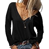Danedvi Women Fashion Deep V-Neck Long Sleeve Tops Solid Casual Loose Basic T Shirt