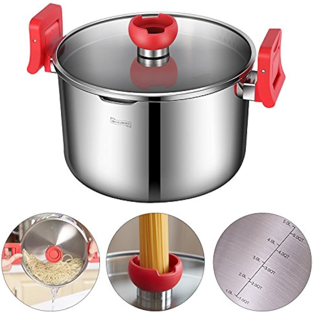 5 Quart Pasta Pot Induction Ready, Stainless Steel Strainer Lid, Dutch