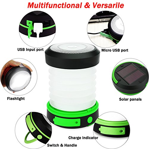 Solar Powered Portable LED Camping Lantern, Collapsible USB Rechargeable Flashlight and Emergency Phone Charging, Camping Lighting for Outdoor Night Hiking, Camping Tent, Hunting, Hurricane.(Green)