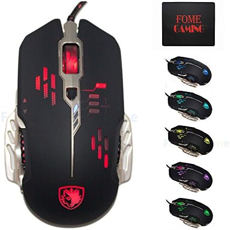 USB Wired Gaming Mouse, FOME GAMING Sades Flash Wing Optical PC Gaming Mice 800/1200/1600/2400DPI 6 Buttons 6 LED Light Omron Micro Switches Compatible with Windows MAC Black + FOME GAMING Mouse Pad