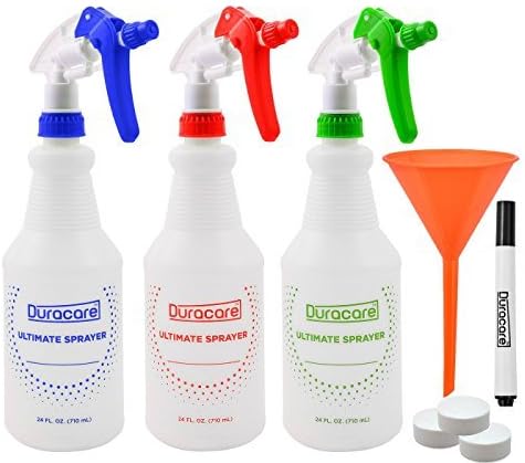 Duracare Plastic Spray Bottles with Adjustable Nozzle, for All Purpose Cleaning Solutions (24oz) - Household and Commercial Use Includes 3 Trigger Spray Bottles, Funnel, Marker and Caps – Pack of 2