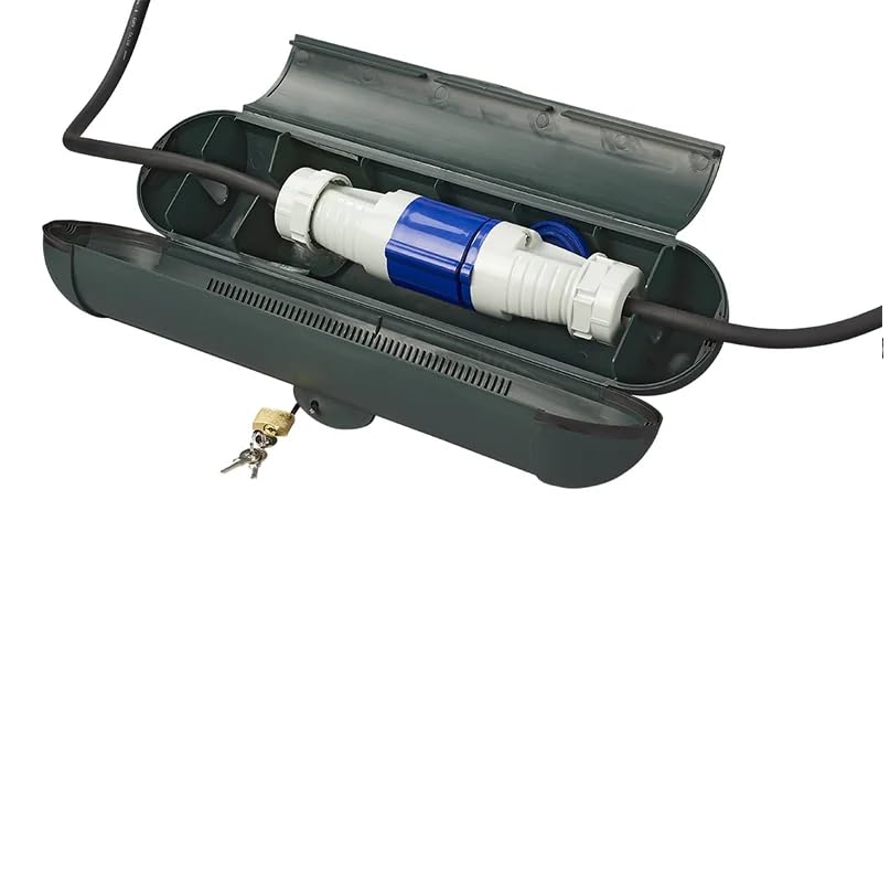 Safety Box Waterproof IP44 Outdoor - Protective Box for Extension Cable & Schuko Plug - CEE, Protective Housing, Strain Relief, in Black, Blue, Green, Red (Dark Green, for CEE Plug)