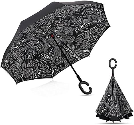 Windproof / Uv Protection Umbrella, Reverse Folding Inverted Umbrella, with C-shaped Hands Free Handle, Best for Travelling and Car Use (Black newspapers)